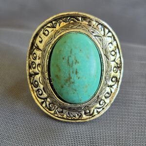 Turquoise Color Cabochon Adjustable Statement Ring Silver Tone